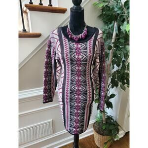Ecote Multicolor Cotton Round Neck Long Sleeve Knee Length Sweater Dress M